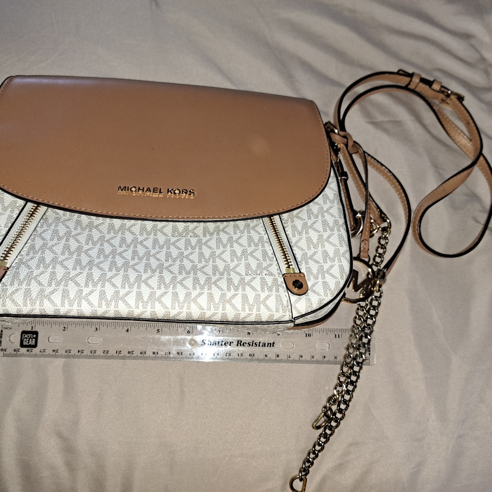 Michael Kors Tan and White Crossbody Bag with Monogram Design